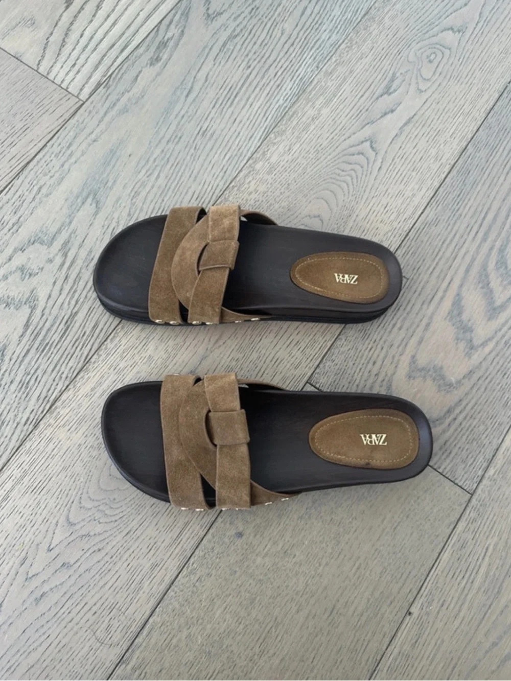 Zara Taupe Suede Double-Strap Slide Sandals - Picture 1 of 4